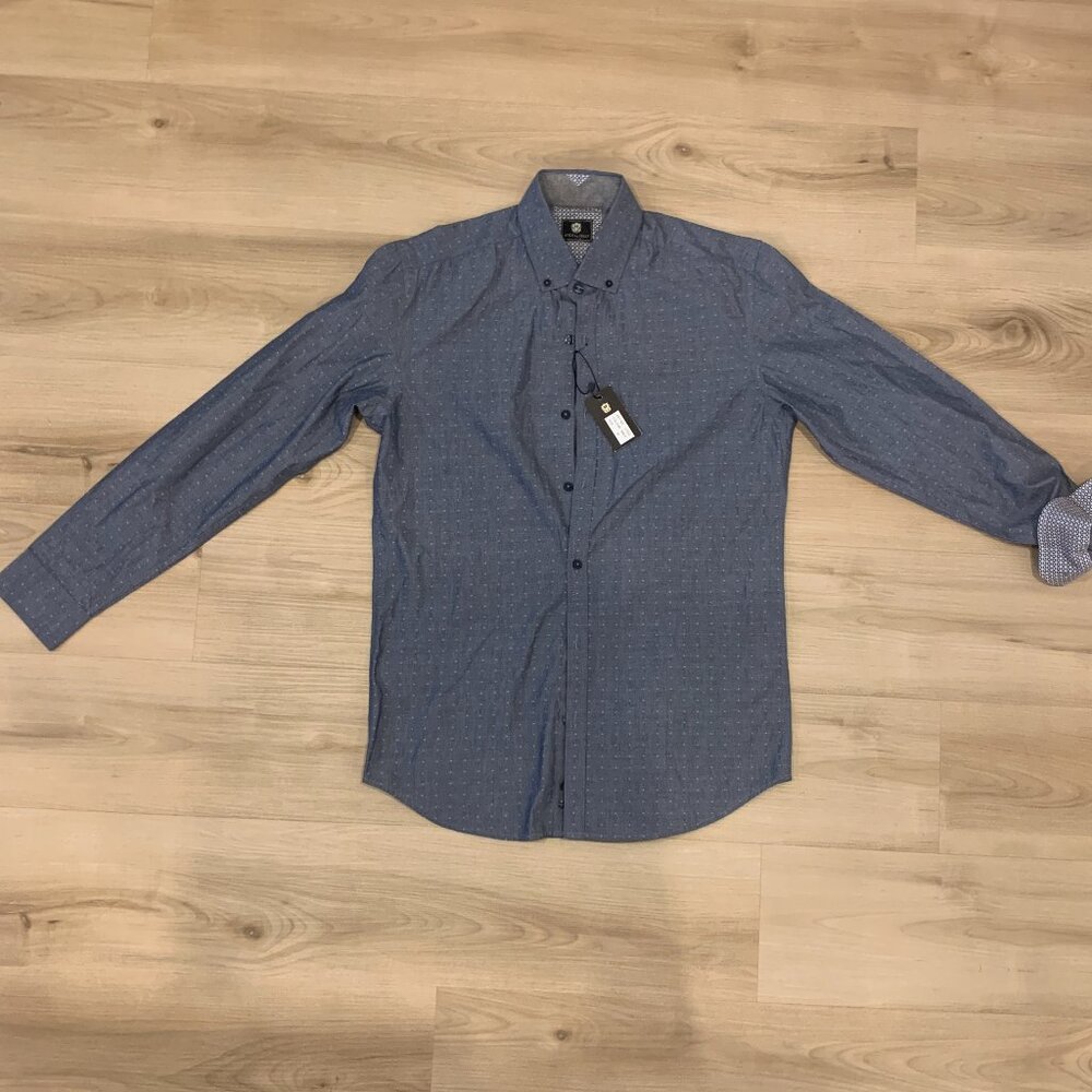 Men's Steel and Jelly Navy w/dotted print button down shirt flip cuff NWT Medium